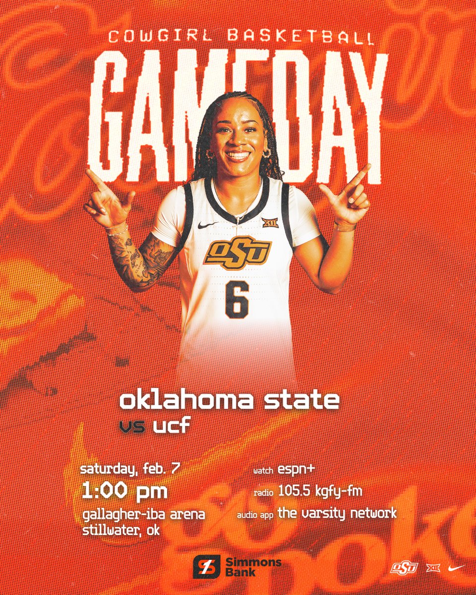 Come spend your Saturday afternoon with Cowgirl Basketball!

🆚 UCF
⏰ 1:00 p.m. CT
🎟️ okstate.com/tickets
📻 105.5 FM, Varsity Network app
📈 okstate.statbroadcast.com
📺 ESPN+

#GoPokes