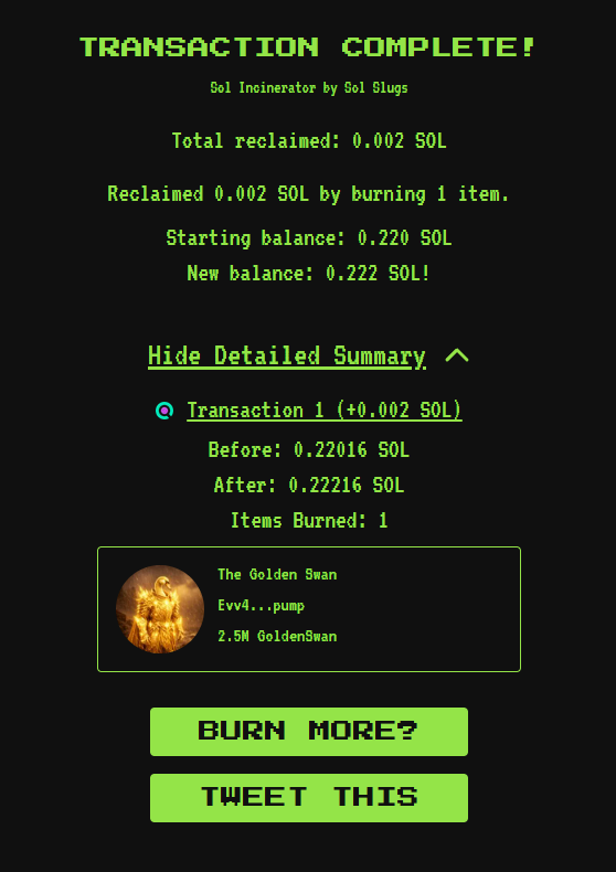 KingDevwin's tweet image. 1.3 Sol Burned FOR GOLD AND GLORY!

$GoldenSwan