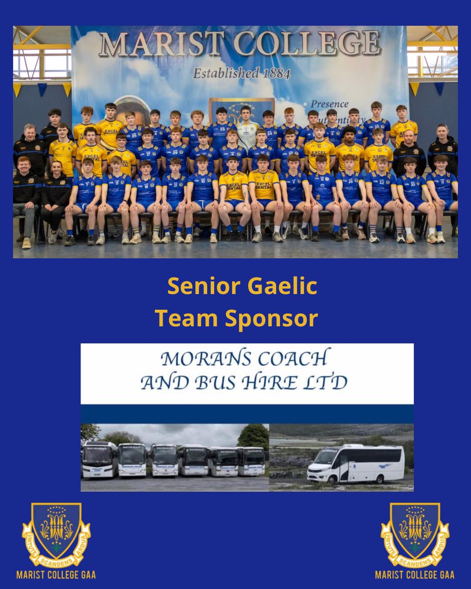 Marist GAA would like to thank Damien, Lee &amp; Eoin Moran of Moran’s Coaches - the main team sponsor. Moran’s have always been very generous &amp; supportive towards the school &amp; particularly Marist GAA. No doubt Lee will be driving the team bus tomorrow - we can’t break tradition🚍