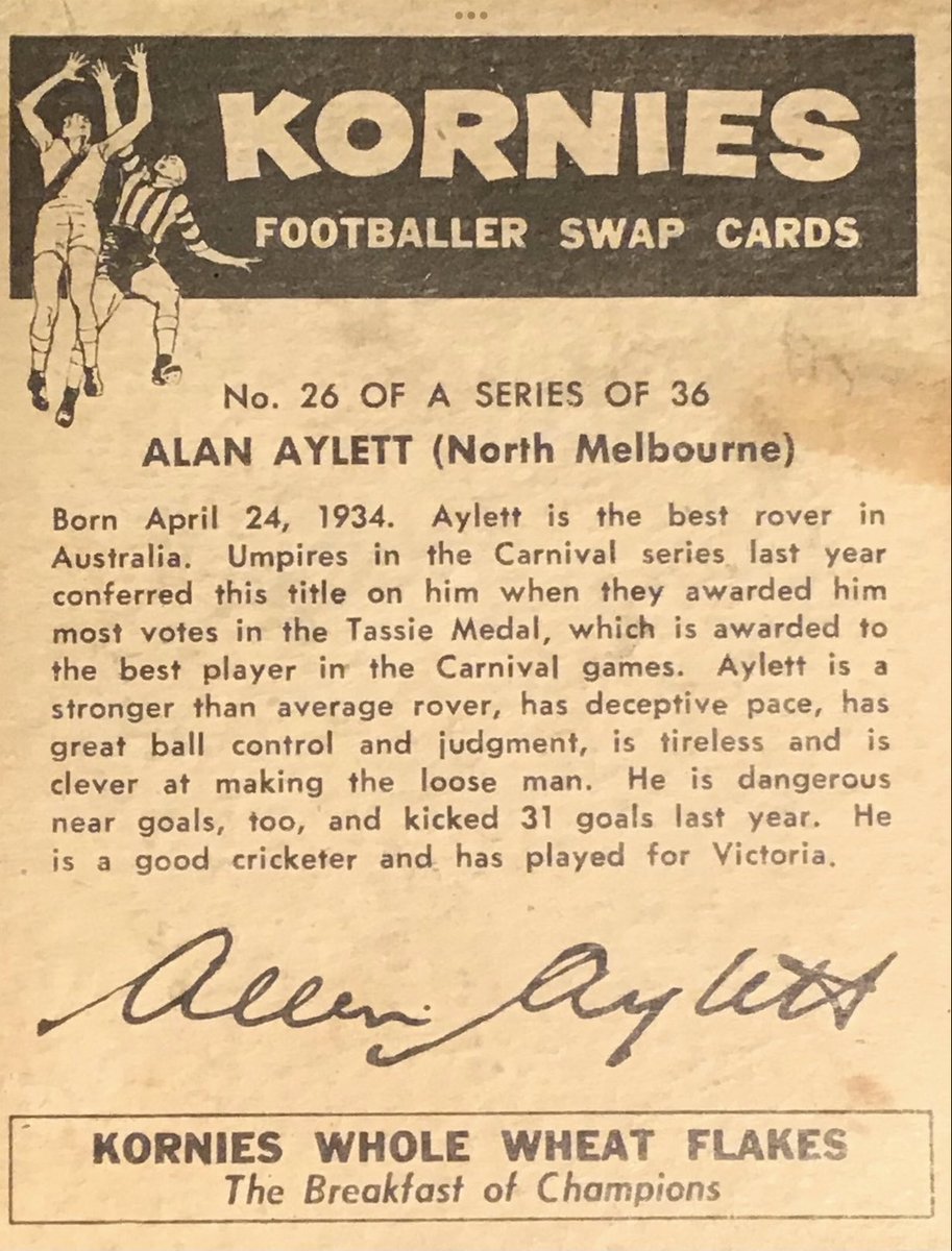 Allen Aylett’s 1959 Kornies footy card said he was the best rover in Australia after he won the Tassie Medal for being the best player at the 1958 Interstate Championship
