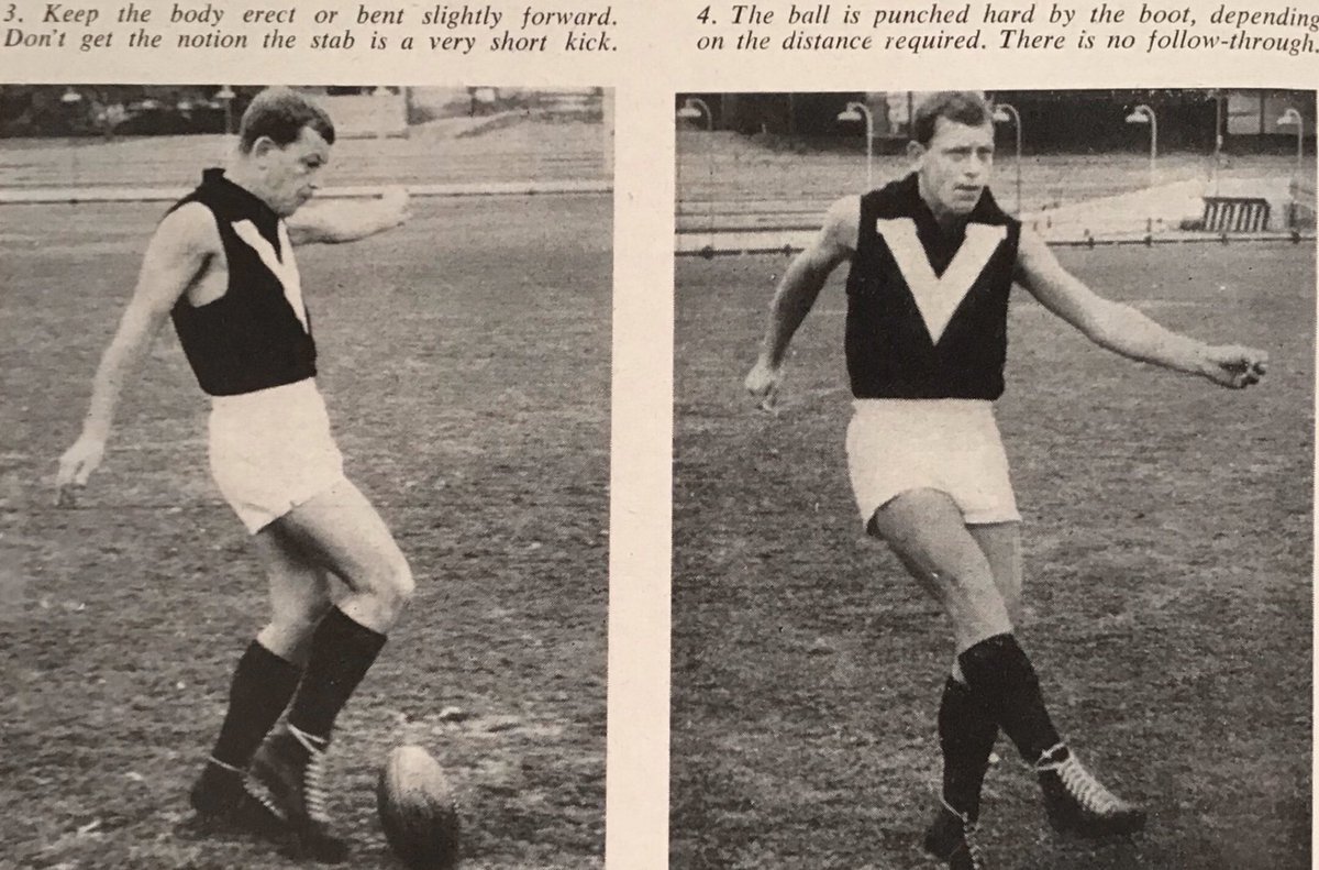 In 1964, North Melbourne legend Allen Aylett demonstrated how to do the stab kick while wearing the Big V guernsey

From the book ‘High Mark - 25 Champions on the Art of Australian Football’