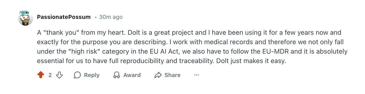 DoltHub's tweet photo. We love making hard things easy for our customers! 
Post: https://t.co/keFXvHPs7s  
Blog: https://t.co/WDLvv7gxw6 #EUAiAct #databaseforai https://t.co/8Qx1tZkpsU