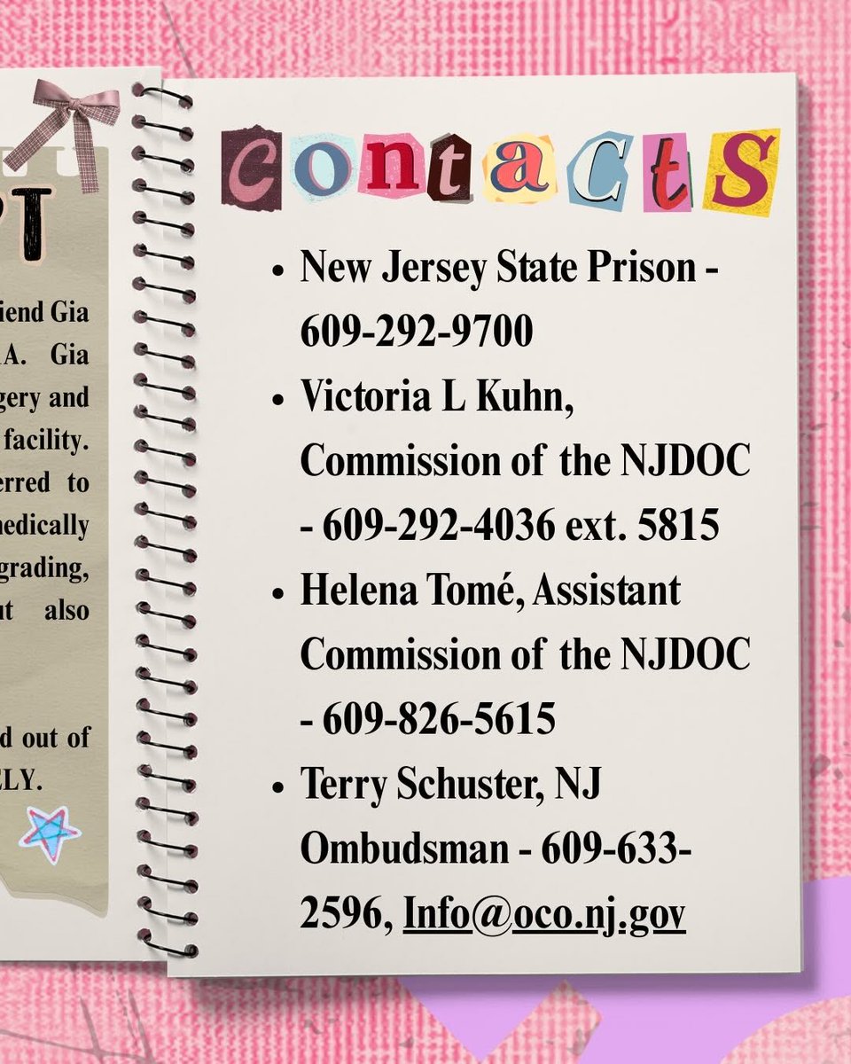They are still locking trans women up in men’s prisons! 🤬

PLEASE CALL AND EMAIL TO DEMAND THAT GIA IS TRANSFERRED TO EDNA MAHAN IMMEDIATELY!

A sample script is available in the graphics below courtesy of People’s Health Education Program. #FreeTheDollz