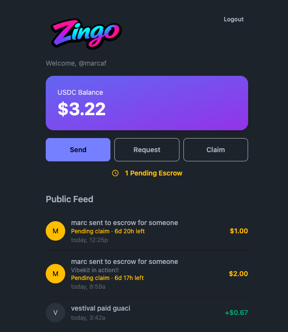 It's pretty incredible what Vibekit in combination with your favorite LLM can accomplish. I gave it a try over the weekend and created Zingo.... a web3 Venmo-style p2p payment app. It supports:

✅ Direct payments: send USDC instantly to registered users.
✅ Escrow payments: send