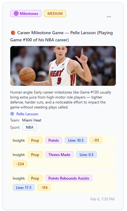 BeyondTheLineHQ's tweet photo. Beyond The Line – Sports Betting (Friday, Feb 6)
Career Milestone Game.
Pelle Larsson plays NBA Game #100 tonight.
VIP + Daily Intel live now. App coming soon.
🔗 https://t.co/WLfujjJyfx
Think Different
Look #BeyondTheLine https://t.co/L37UajsHmQ