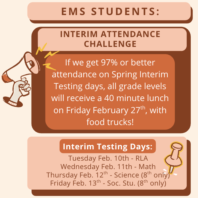 EMS_Raiders's tweet photo. Next week Raiders will be taking their interim assessments. Come to school all week and earn an extended lunch with food trucks! You may also wear your workout wear to school as we make those gains! #MakingGainsPrioritizingALL https://t.co/a3m3zeZifH