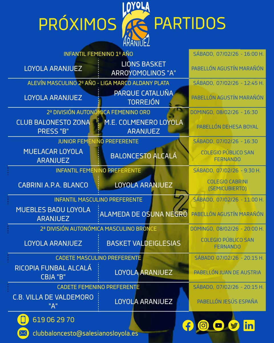 Nueva jornada para Loyola Aranjuez 🏀
Partidos en casa y fuera, con protagonismo del deporte base y del baloncesto femenino.
¡A por el fin de semana! 💛💙