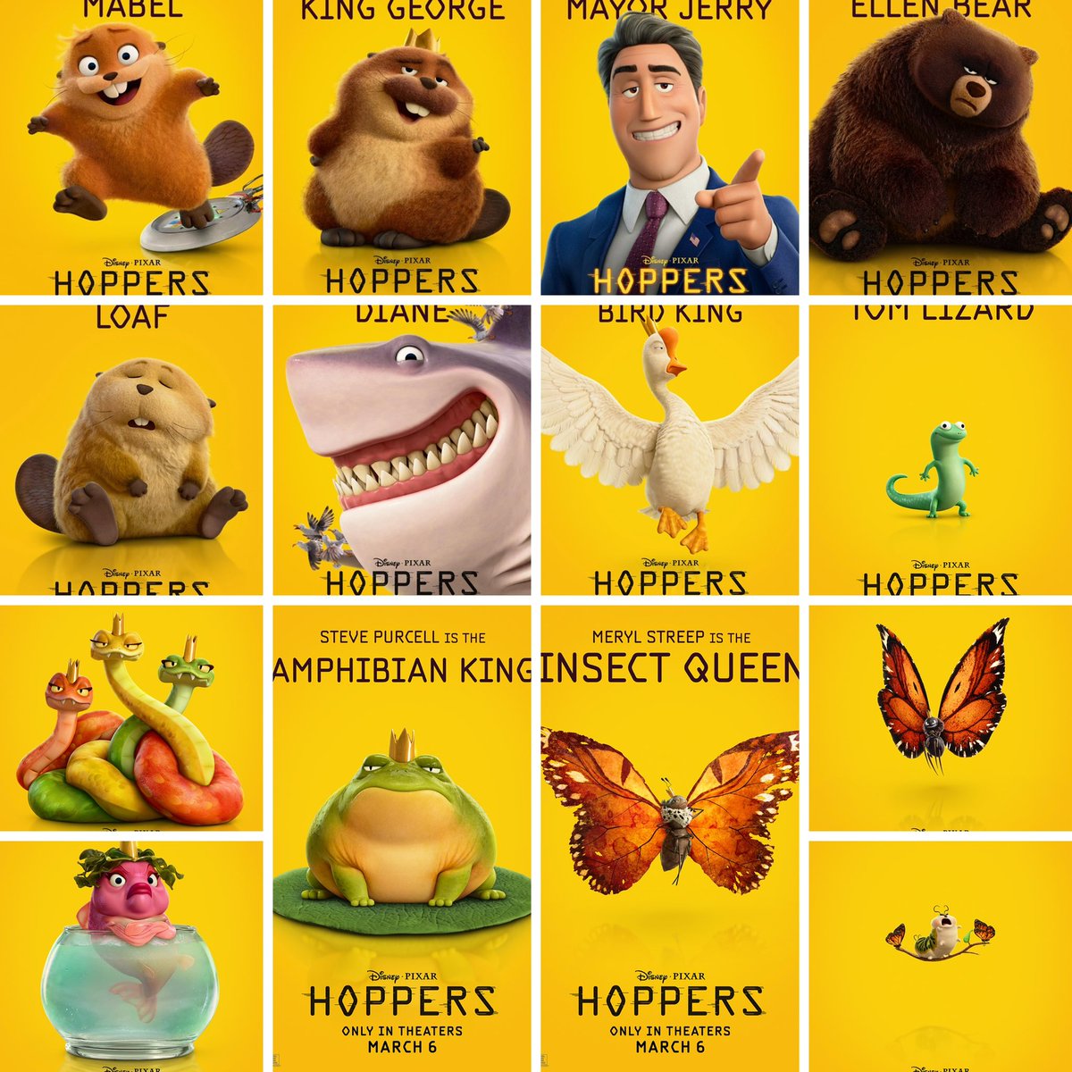 pixar_hoppers's tweet image. every #Hoppers poster for a single character🦫🦎🐍🦋