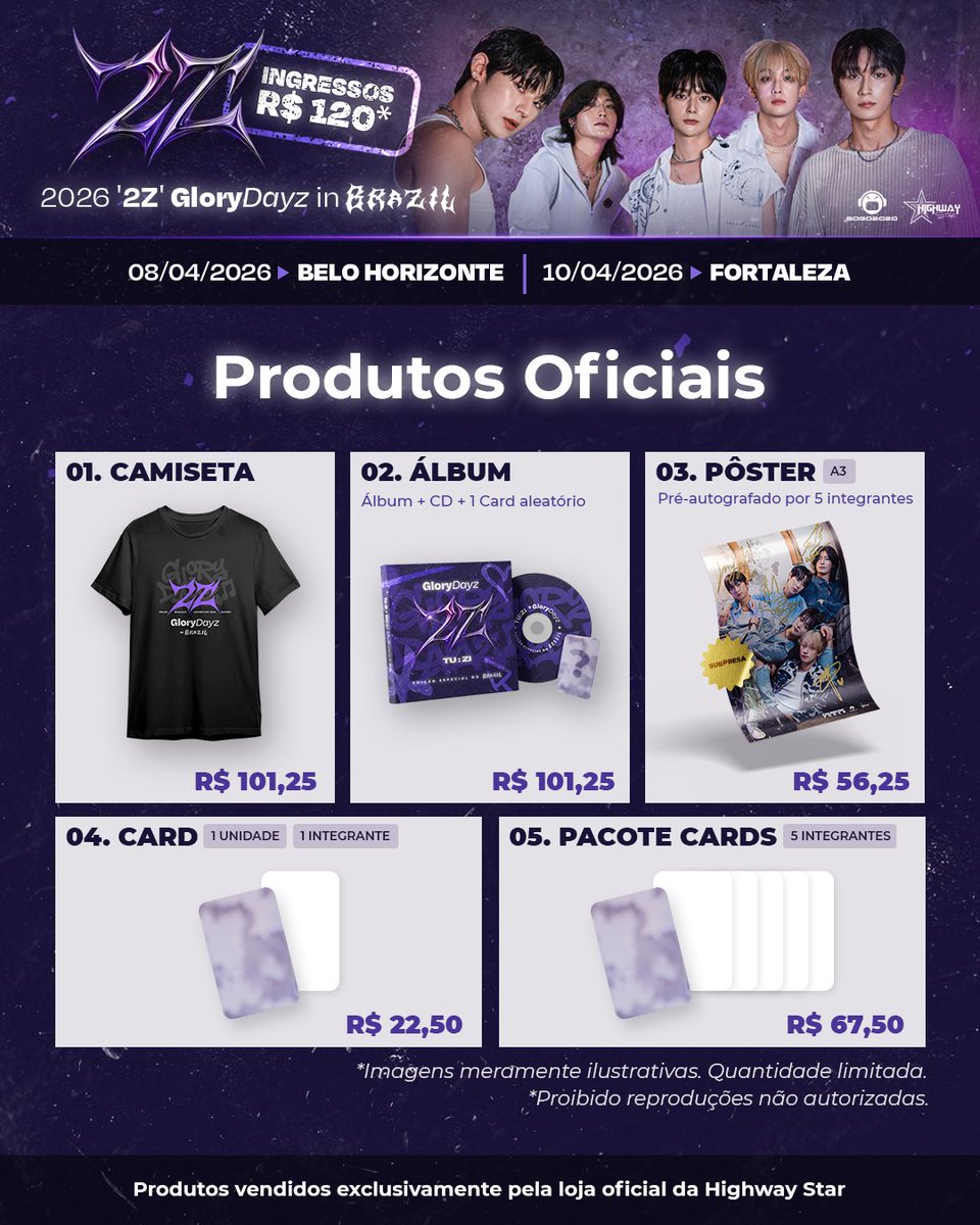 followhwstar's tweet photo. PARA BH E FORTAL 👉 PRODUTOS OFICIAIS E INTERAÇÕES! 💜 Exclusivos do Brasil 🇧🇷 

1️⃣ Camiseta: R$ 101,25

2️⃣ Álbum: R$ 101,25

3️⃣ Pôster pré-autografado: R$ 56,25

4️⃣ Card (1 unidade): R$ 22,50

5️⃣ Pacote de cards (5 unidades): R$ 67,50

🤫 Spoiler: Vocês estão prontos pra ter card com foto EXCLUSIVA de cada integrante da banda 2Z, usando uma coisinha bem BR na foto? 🇧🇷 

🎟 Produtos: https://t.co/Q9wfWagXPA