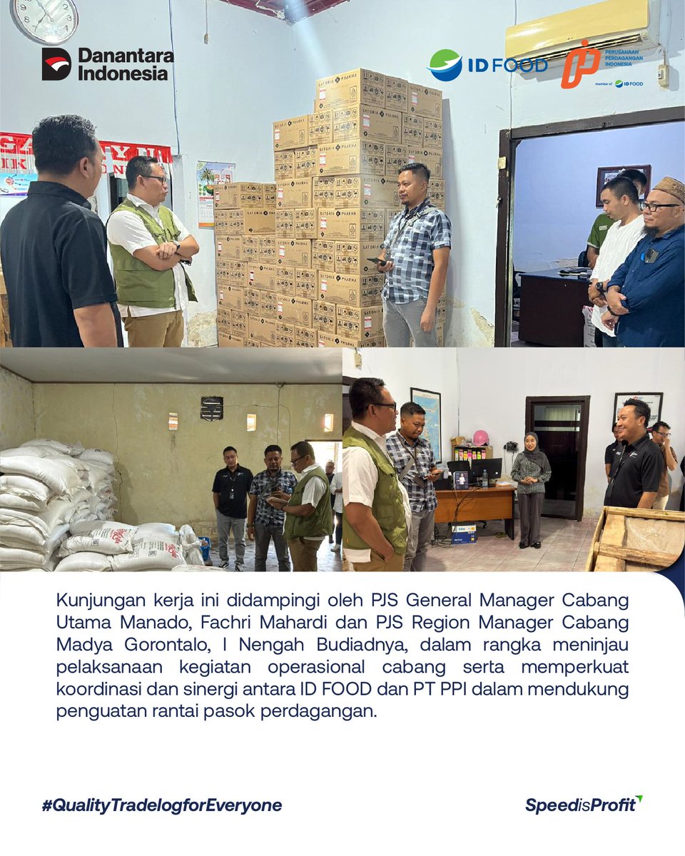 Halo #SobatDagang

Direktur Komersial PT Rajawali Nusantara Indonesia (Persero)/ID FOOD, Dwi Sutoro melakukan kunjungan kerja ke PT Perusahaan Perdagangan Indonesia (PPI) Cabang Madya Gorontalo pada Jumat (6/2/2026).

#QualityTradeLogForEveryone
#SpeedisProfit