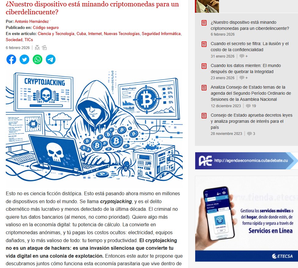 #Hoy en #CódigoSeguro un nuevo artículo sobre cryptojacking 👉cubadebate.cu/especiales/202… <a href="/cubadebatecu/">Cubadebate</a>, <a href="/monica_uci_f2/">Mónica</a>, <a href="/YanetsyDelgado/">Yanetsy Delgado</a>, <a href="/universidad_uci/">Universidad de las Ciencias Informáticas</a>