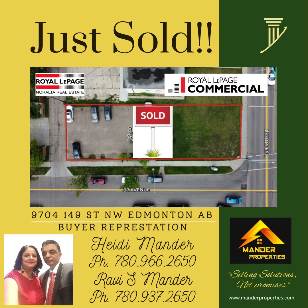 RaviHirde's tweet photo. 🎉 Congratulations to our Buyer Client's 🏢✨ on securing this Prime Commercial Corner Lot!! 

Looking for Commercial Property !!

Heidi Mander 📲 780.966.2650
Ravi S Mander 📲 780.937.2650

https://t.co/vXRZM12GeP

#mander #manderproperties #commercialrealestate #primelocation https://t.co/CnOJFQnoQZ
