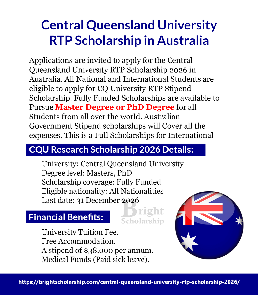 BrightSship's tweet photo. Central Queensland University RTP Scholarship 2026 in Australia (Fully Funded)

Degree level: Masters, PhD
Eligible nationality: All Nationalities
Last date: 31 December 2026

Apply Link: https://t.co/jnguzQp2X1

#BrightScholarship #FullyFunded #Scholarship #Australia #Students https://t.co/CinrIK5qPv