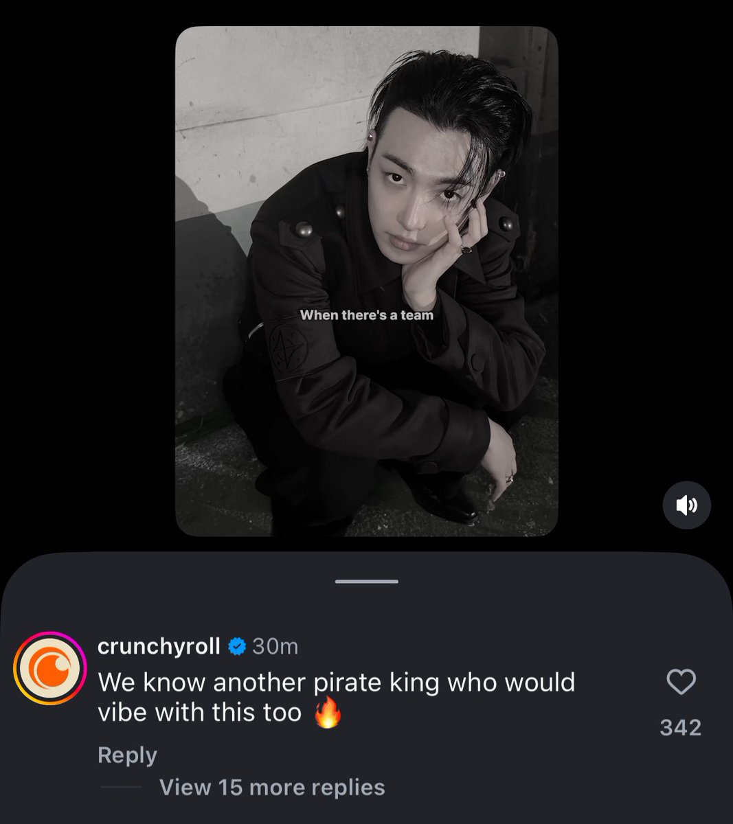 wsnluvchild's tweet image. crunchyroll under hongjoong’s reel comment section making a one piece reference???????? 

HELLO WHAT’S HAPPENING