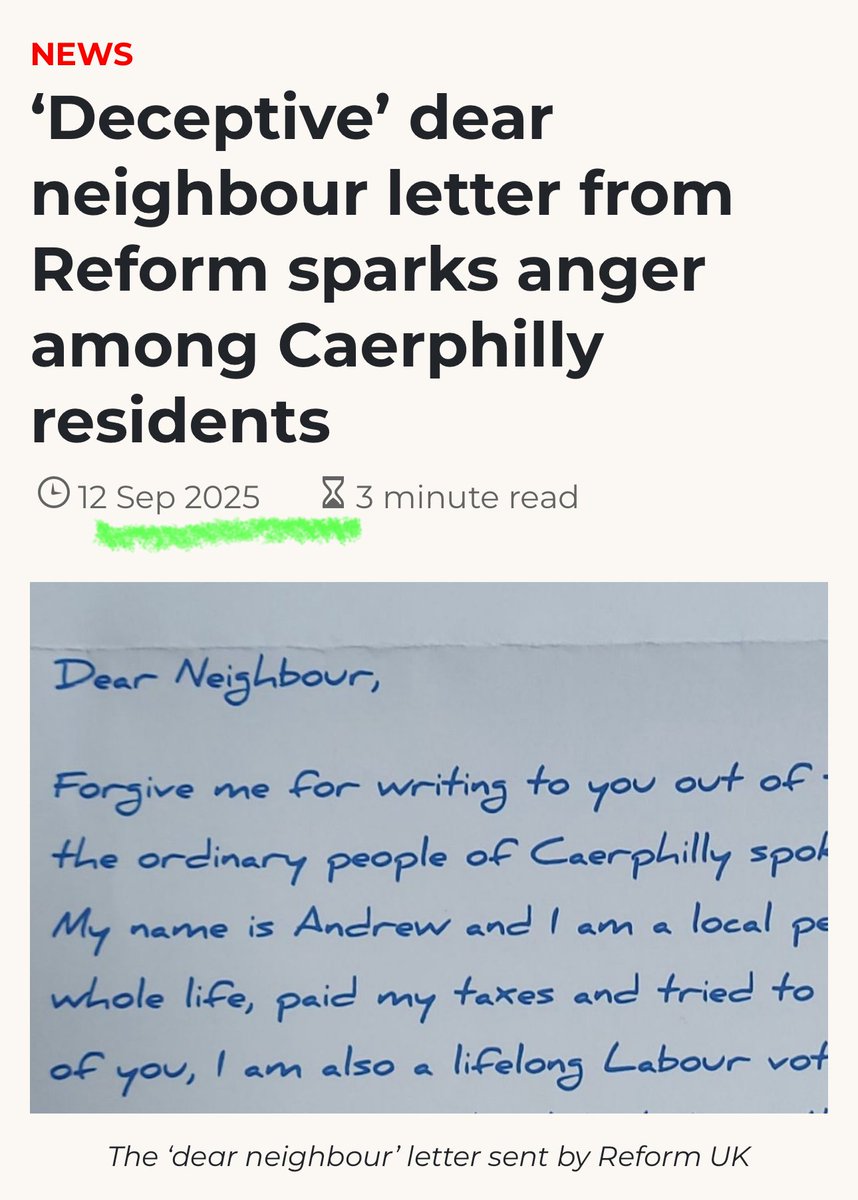 🚨 EXPOSED: DIRTY TRICKS AGAIN 🚨

This is NOT the time for Reform UK to be confusing voters with fake “concerned neighbour” letters. We’ve seen this movie before.

In Caerphilly 2025, it was a mysterious neighbour called Andrew.
Now it’s another so-called “concerned neighbour”.