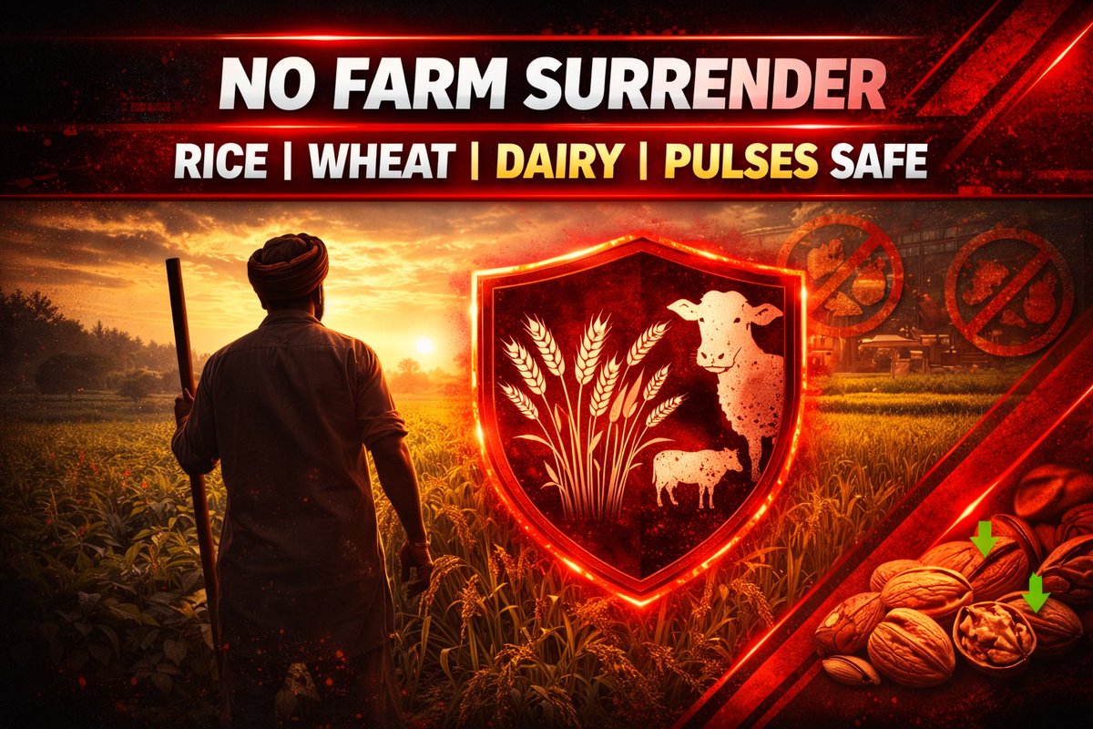 HemanNamo's tweet photo. 4/6
🚜 FARMERS 100% SHIELDED!
Opposition crying “surrender”? Wrong!
Sensitive agri + dairy fully protected—no concessions on rice, wheat, dairy, veggies, pulses. MIP firewall stays.
Bonus: Cheaper almonds/walnuts for middle class. Smart win! 🛡️🌾🍎
#KisanFirst https://t.co/46qBTI67MV