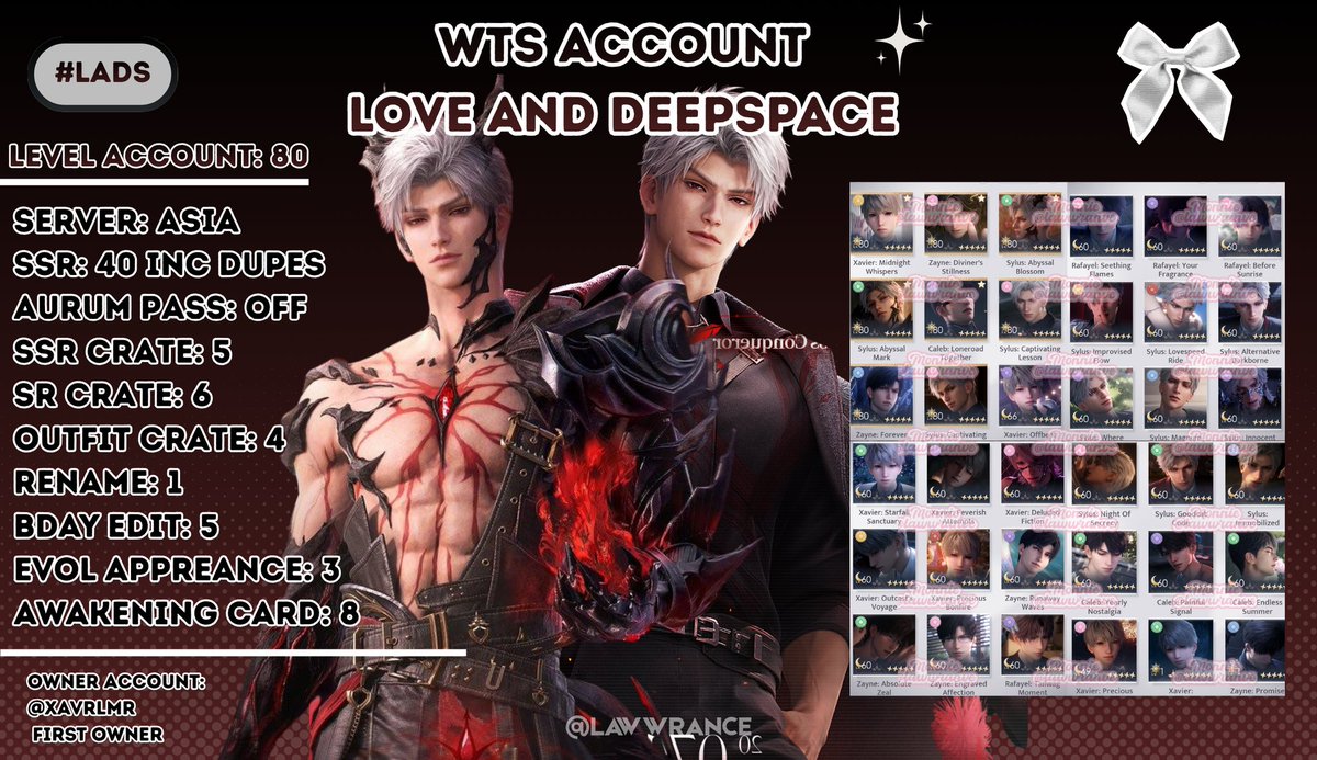 lawwrance's tweet photo. ⌗062 WTS LOVE AND DEEPSPACE ACCOUNT 💫 
— SYLUS FOCUSED 
MYTH LIMITED: Abysm Sovereign
MYTH STANDART: Relentless Conqueror R3, Foreseer

💵 PRICE: IDR 720.000 / $50 NEGOTIABLE 
t. #zonauang #warunglad #warunglads https://t.co/BgrG4hQqo6