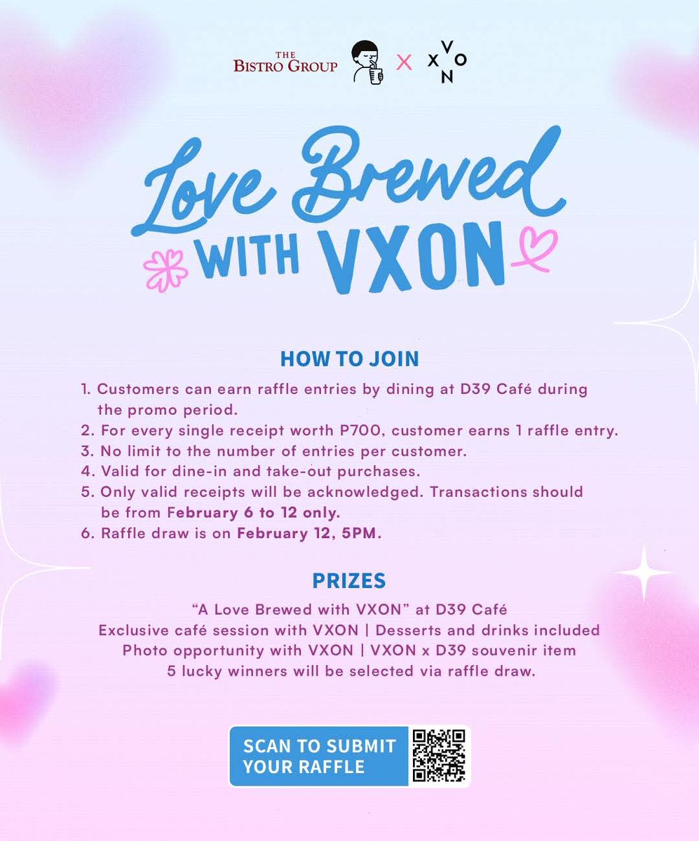 vixiesph's tweet photo. Celebrate Valentine’s with VXON at Dessert 39! ✨️

Dine from Feb 6–12, spend ₱700+, &amp; get a raffle entry to win an exclusive VXON café experience 🫶

More details: https://t.co/BfdbYWLL3g

 #D39 #Dessert39PH #VXON https://t.co/jRxpwNM84J