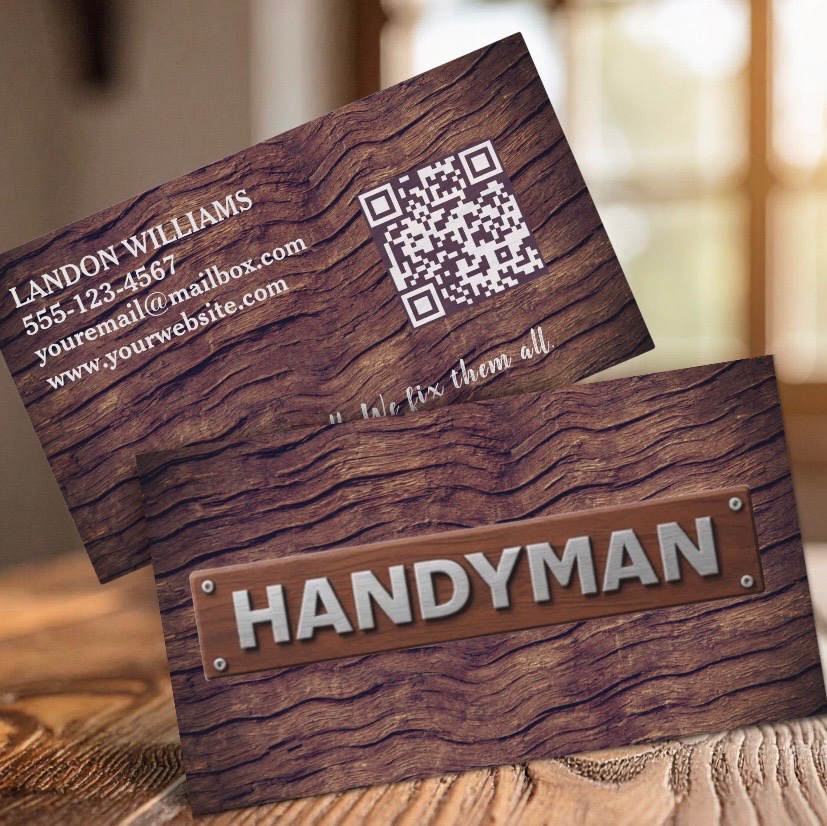 OregonElegance's tweet photo. Professional handyman maintenance QR code business card design—Rustic wood-style business cards perfect for contractors, builders, woodworkers, and home maintenance services. Warm, professional, and crafted to build trust with homeowners. https://t.co/wXmVQrx5cF https://t.co/27uoY73Ms2