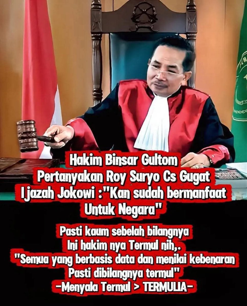 Skakmat di Persidangan: Prof. Binsar Gultom Bongkar Kekosongan Bukti Gugatan Roy Suryo Cs🔥🔥🔥

Hakim Ketua, Prof. Binsar Gultom:
Saudara Kuasa Hukum Penggugat, majelis telah membaca seluruh berkas gugatan Saudara. Namun ada satu hal mendasar yg ingin saya tanyakan.
Ijazah yg