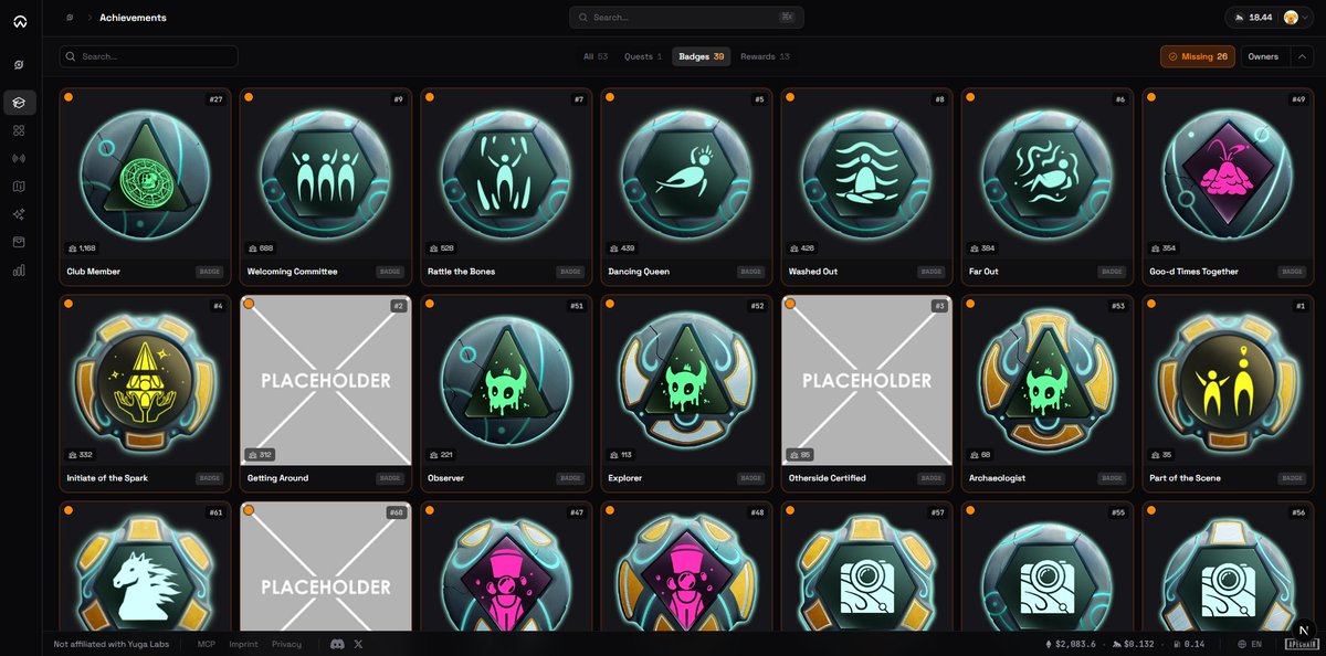 Added a little toggle to the otherside achievements page. When you have your Otherside Glyph Wallet connected, you can now easily check which achievements you already have, and what you need to hunt.