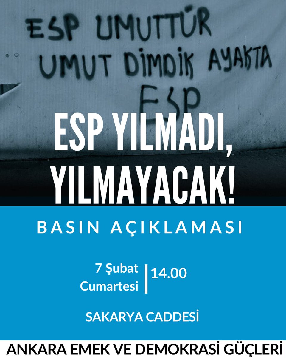 DEMankara's tweet image. Bileşen partimiz ESP'ye yönelik operasyonlarla iktidar; yargı eliyle demokratik siyaseti, gözaltı ve baskı politikalarıyla susturmaya çalışıyor.
Yoldaşlarımızın serbest bırakılması için Ankara Emek ve Demokrasi Güçleri ile bugün saat 14.00’te Sakarya Caddesi’nde buluşuyoruz! ✊