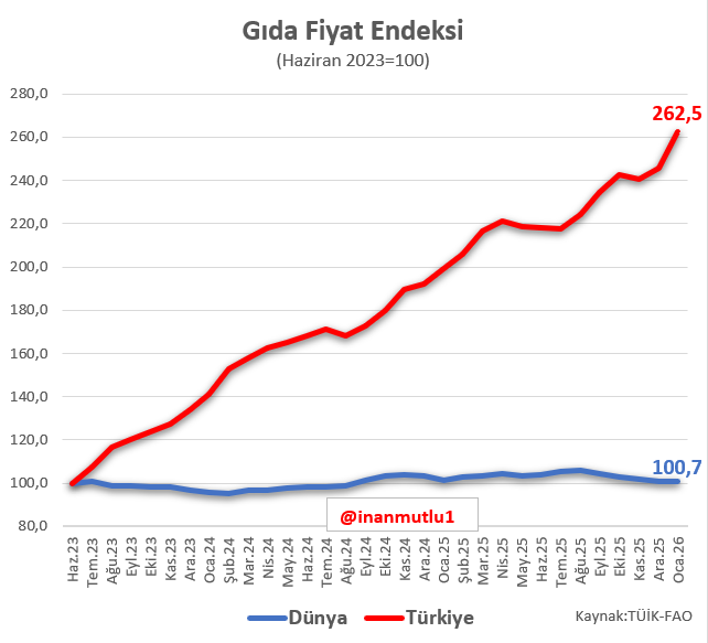 Şimşek Bakan olduğunda, dünyada gıda fiyatları neredeyse, şimdi de orada. 

Yani yüzde 1 artış bile yok.

Türkiye'de artış yüzde 162,5