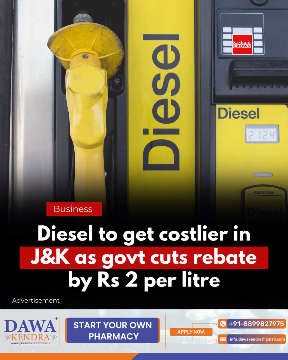 kashmircrownews's tweet photo. Diesel to get costlier in J&amp;K as govt cuts rebate by Rs 2 per litre

#Diesel #JammuandKashmir #Costlier #Government https://t.co/MY8xz1R57h
