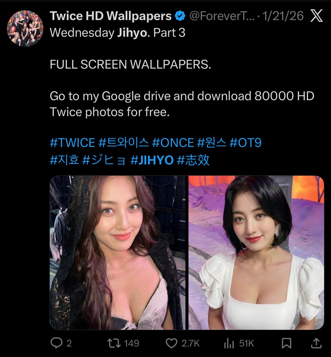 cactusjihyo's tweet image. guys.. ForeverTwiceOT9 with 45k followers is the source of all these AI generated photos. they disguise as a wallpaper-making acc but what they actually do is use AI not just to sharpen photos but also to change the poses. and worse, to change the outfits to more revealing ones😒