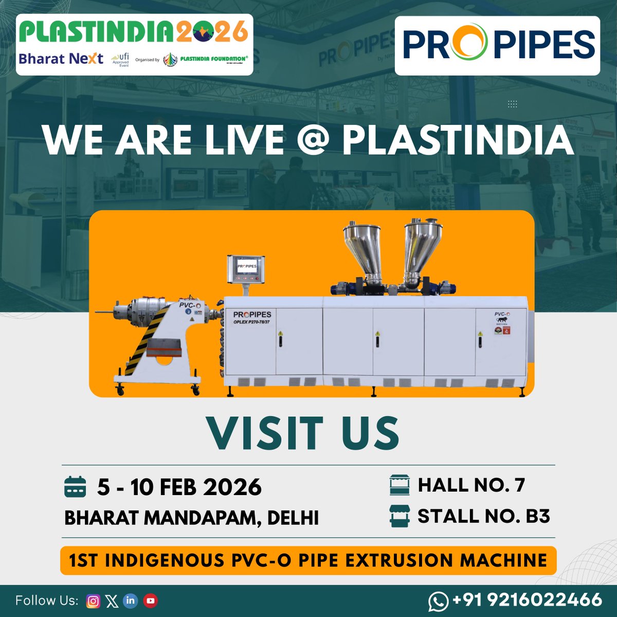 propipesXtruder's tweet photo. We are LIVE for Day 3 at #PLASTINDIA2026—visit Propipes at Hall H7, Stall B3 today to see the future of indigenous OPVC technology in action!

#PlastIndia2026 #LiveNow #Propipes #MakeInIndia #OPVC #PipingInnovation #SustainableInfrastructure https://t.co/J24wRbAvbZ
