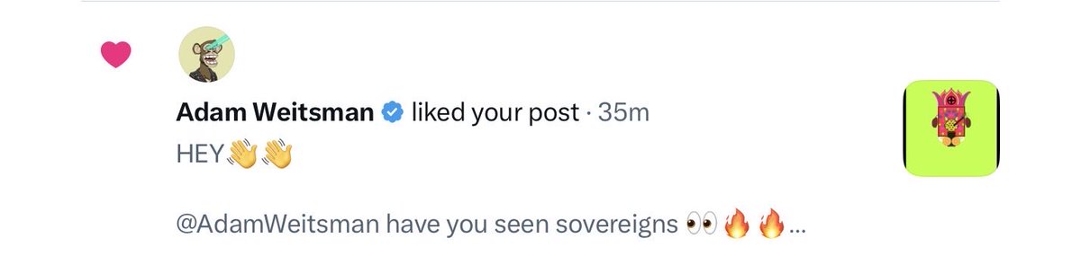 HOOOORAY…….🥳🥳

THE GOAT <a href="/AdamWeitsman/">Adam Weitsman</a> liked my post about <a href="/basesovereigns/">THE SOVEREIGNS</a> 😳🤩🤩

Get ready sovereign holders,the GOAT may steal some big grails from you all soon🤩👀🔥

OS- opensea.io/collection/the…
