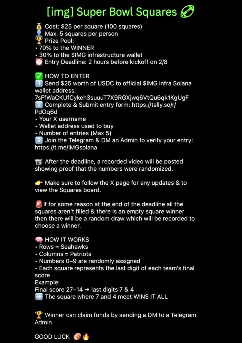 The [ img ] Super Bowl Squares game is LIVE! 🚀🏈

Get in on the action for Super Bowl LX (Seahawks vs. Patriots) — 100 squares at $25 per square. Max 5 per person.

Prize Pool Breakdown:
- 70% to the WINNER (the square matching the final scores last digits!)
- 30% to the [ img ]