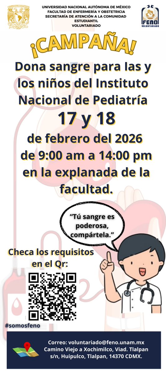 FenoUnam's tweet image. Dona sangre y salva vidas
Apoya a las y los niños del Instituto Nacional de Pediatría.
📅 17 y 18 de febrero
Requisitos disponibles en el código QR.
