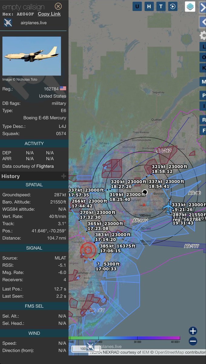 ginger_hax's tweet photo. US Navy E-6B Mercury (#AE040F) out of Pax River doing Friday night TACAMO business off the East Coast. https://t.co/UWuRC1nOhM #MilAir #E6B @thenewarea51 @neetintel https://t.co/cCRAlF9gXA