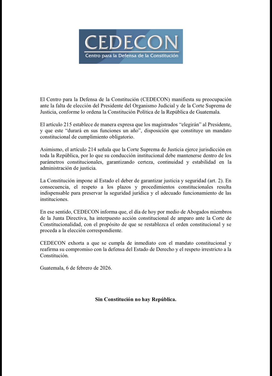 CedeconOficial's tweet photo. #URGENTE #CEDECON expresa su preocupación por la omisión de la Corte Suprema de Justicia de elegir al Presidente del Organismo Judicial y de la CSJ, como lo ordena la Constitución.
@EmisorasUnidas @AztecaGuate @libertopolis @republicagt https://t.co/WORaQUONZx