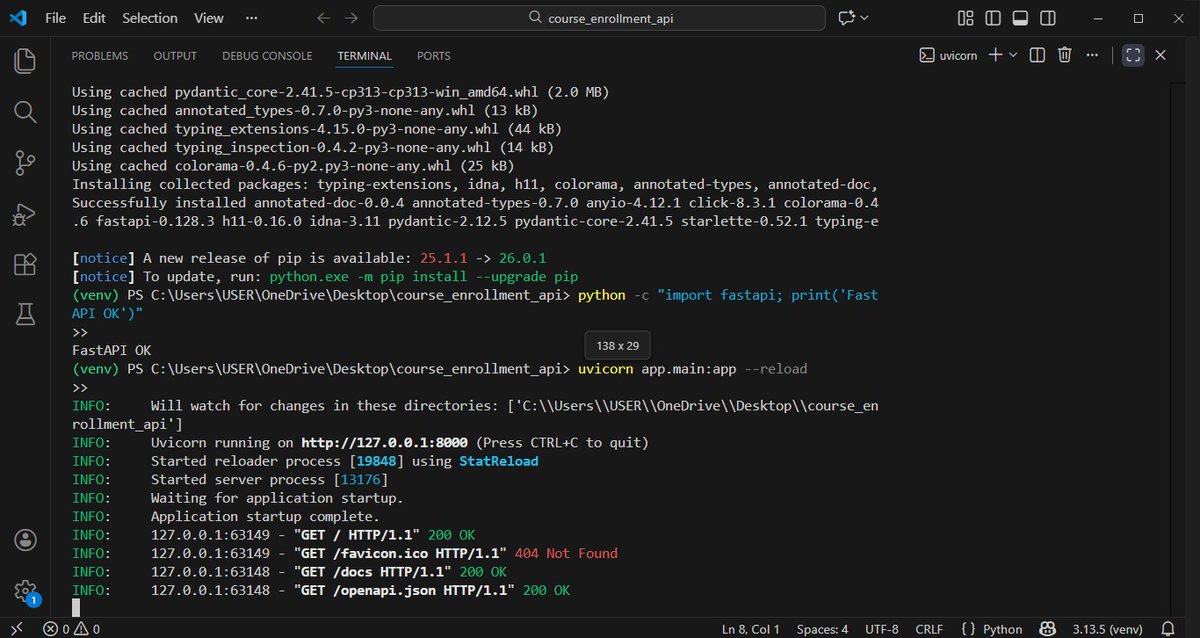 Simplegift2003's tweet photo. Stage 1 done 🚀
Built my first API with FastAPI
Learnt: ✔️ venv setup
✔️ Running Uvicorn
✔️ API routes
✔️ Swagger docs
Errors almost finished me but we move 😅
Stage 2 loading…
🔗 https://t.co/ic0PxPQjhY
#100DaysOfCode #FastAPI #Python #BackendDev #LearningInPublic https://t.co/N46VtGtoQp