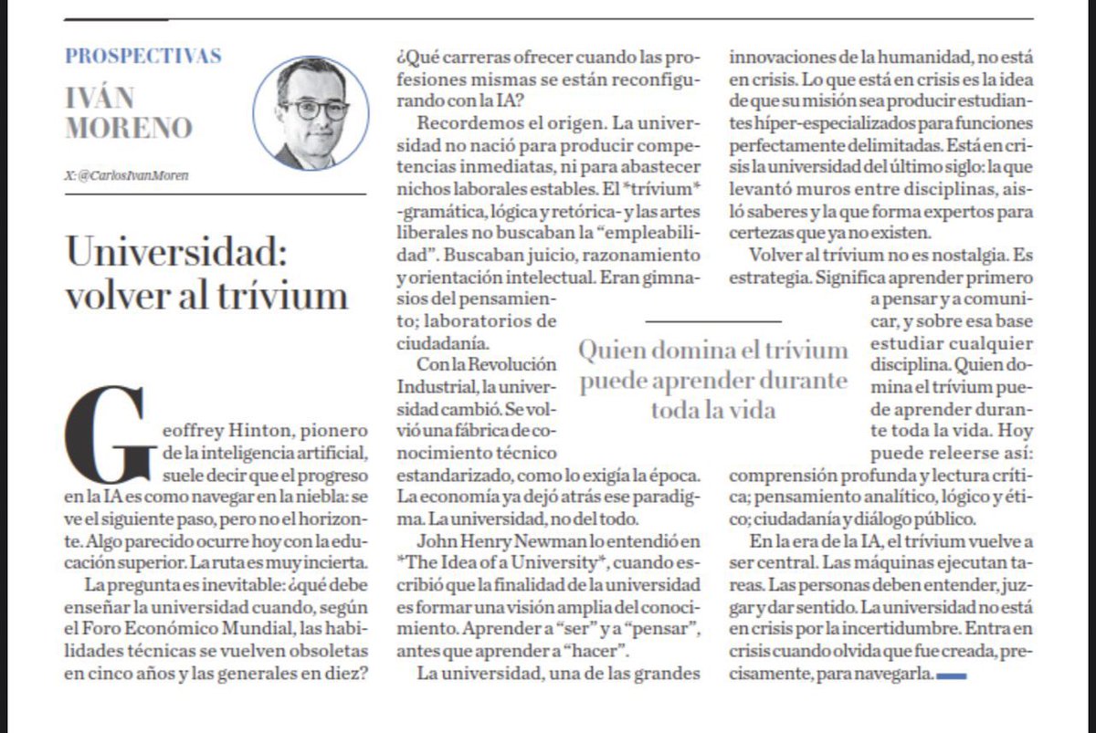 Comparto tesis del Director de Ed Superior de la SEP. La U no está en crisis. Lo que está es creer que su misión es formar expertos especializados. Debemos volver al trivium: enseñar a pensar, comprender y dialogar. He sustentado esta tesis las últimas 3 décadas: <a href="/carlosivanmoren/">Carlos Iván Moreno</a>
