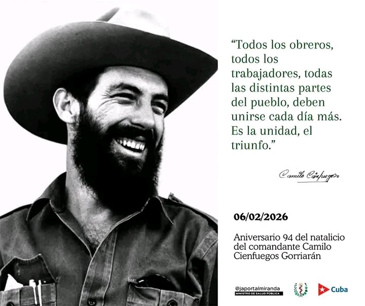 📖Hoy estaría cumpliendo 94 años el Comandante Camilo Cienfuegos, por su valentía y accionar fue denominado el Héroe de Yaguajay #CubaViveSuHistoria #CubaVencerá <a href="/MINSAPCuba/">Ministerio de Salud Pública de Cuba</a> <a href="/LorenzoOsbel/">Osbel Lorenzo</a> <a href="/DtorDgsTunas/">Director General de Salud Las Tunas</a> <a href="/DirGestionTunas/">Directora de Gestión Sanitaria DGS Las Tunas</a> <a href="/marianela7772/">Marianela</a> <a href="/LaverniaMa34272/">Mayra Lozano Lavernia</a> <a href="/LuisNoelPerezR2/">Luis Noel Pérez Rivero</a> <a href="/ORSerranoB/">Orlando Rafael Serrano-Barrera</a>