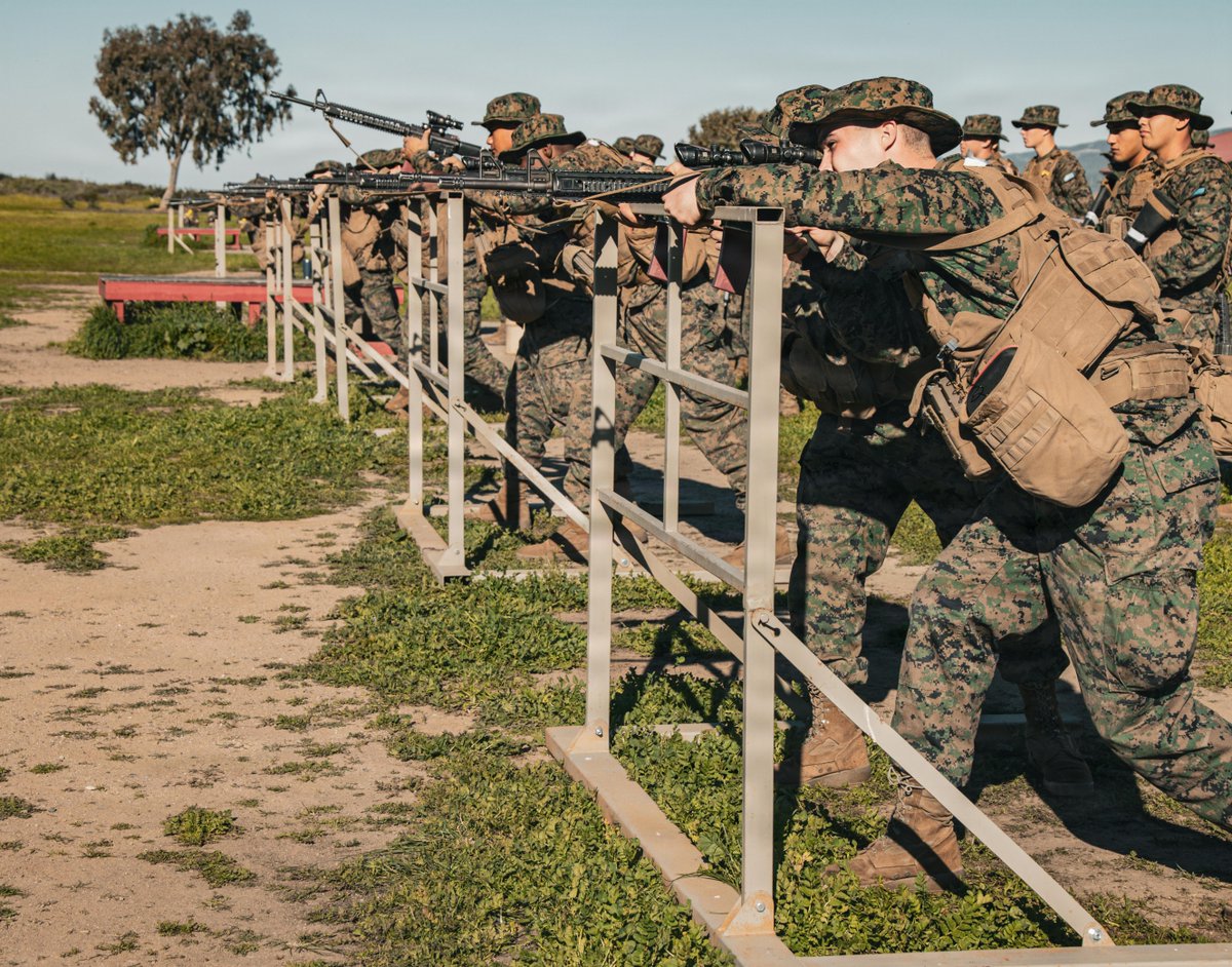 USMC's tweet photo. #MarineCorps recruits with India Company, 3rd Recruit Training Battalion, take part in a Grass Week training event at Edson Range, @MCRD_SD. 

During Grass Week, recruits focus on the warfighting fundamentals of marksmanship, learning proper rifle techniques and safety protocols as they prepare for live-fire training.

#Marines #USMC #SemperFi