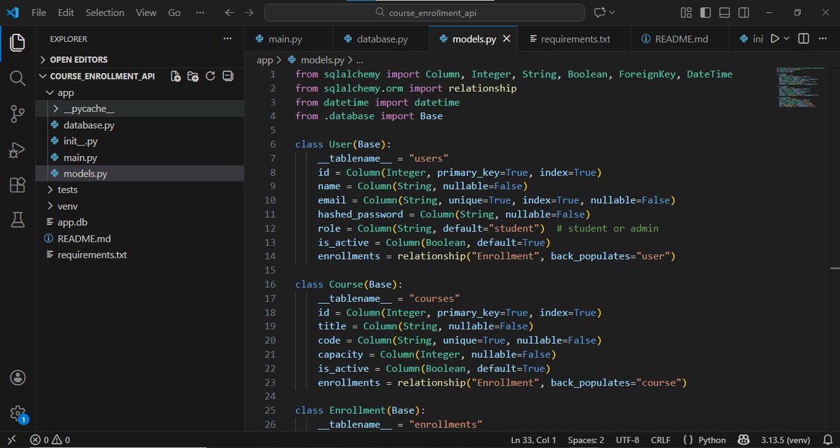 Simplegift2003's tweet photo. Stage 2 ✅ Database &amp; models setup complete!
Users, Courses &amp; Enrollments tables created
FastAPI connected to SQLAlchemy
Root endpoint / tested on Swagger UI 🚀
Next: Adding user management endpoints 👩‍💻
#FastAPI #Python #BackendDev #SQLAlchemy #APIs #TechJourney #AltSchoolAfrica https://t.co/S2dvCUj1hf