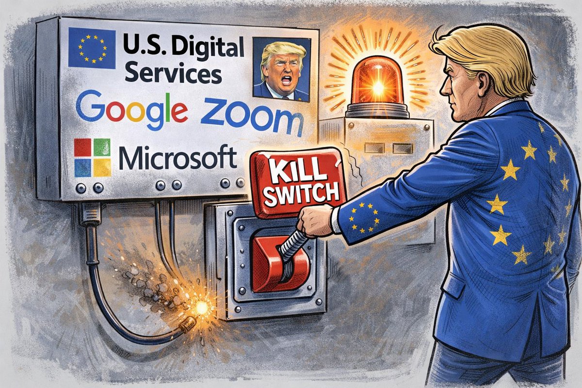 steve_hanke's tweet photo. The US runs a $300B+ SERVICES trade surplus.

Its biggest foreign market is Europe. The EU relies heavily on US cloud, software, and tech platforms.

But Europe is becoming so FED UP with Trump's tariff threats that it's becoming ready to hit the KILL SWITCH on US services. https://t.co/UsGxtIogvH