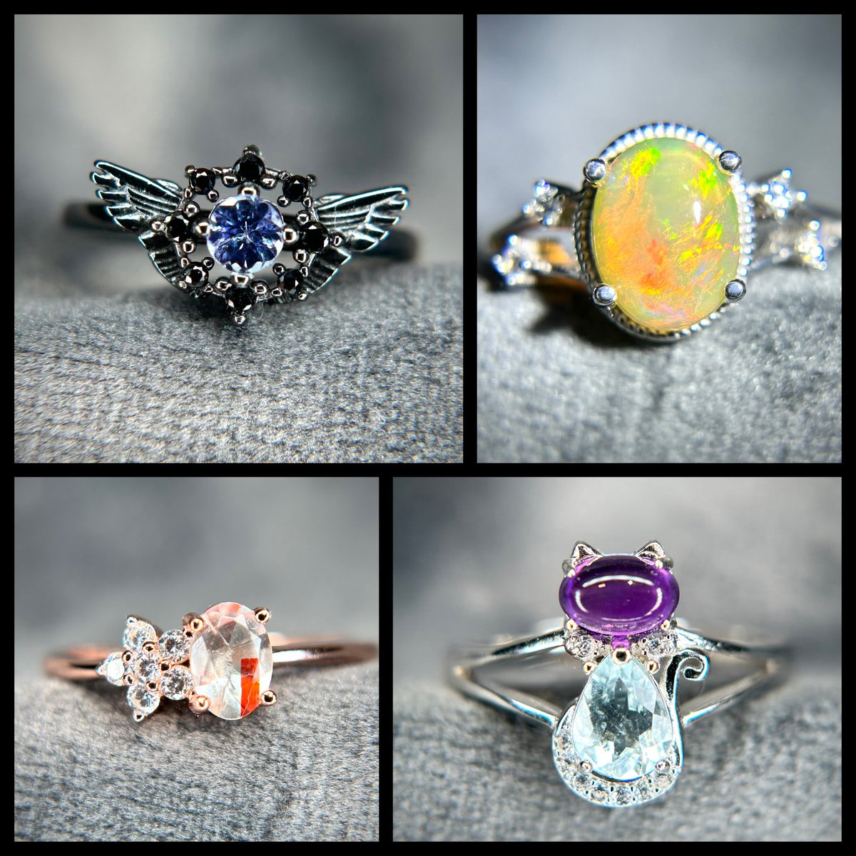 Inormal365's tweet image. おはようございます😊
本日は個性的な4点を出品💍
20時～販売開始です。

・闇堕ち感漂う、タンザナイトのセレスリング🪽

・内包物が個性的なサンストーンのスターリン💎

・エチオピア産オパールのオーバルステーションリング🌈

・アメシスト&amp;amp;アクアマリンのお洒落ミニネコリング🐱