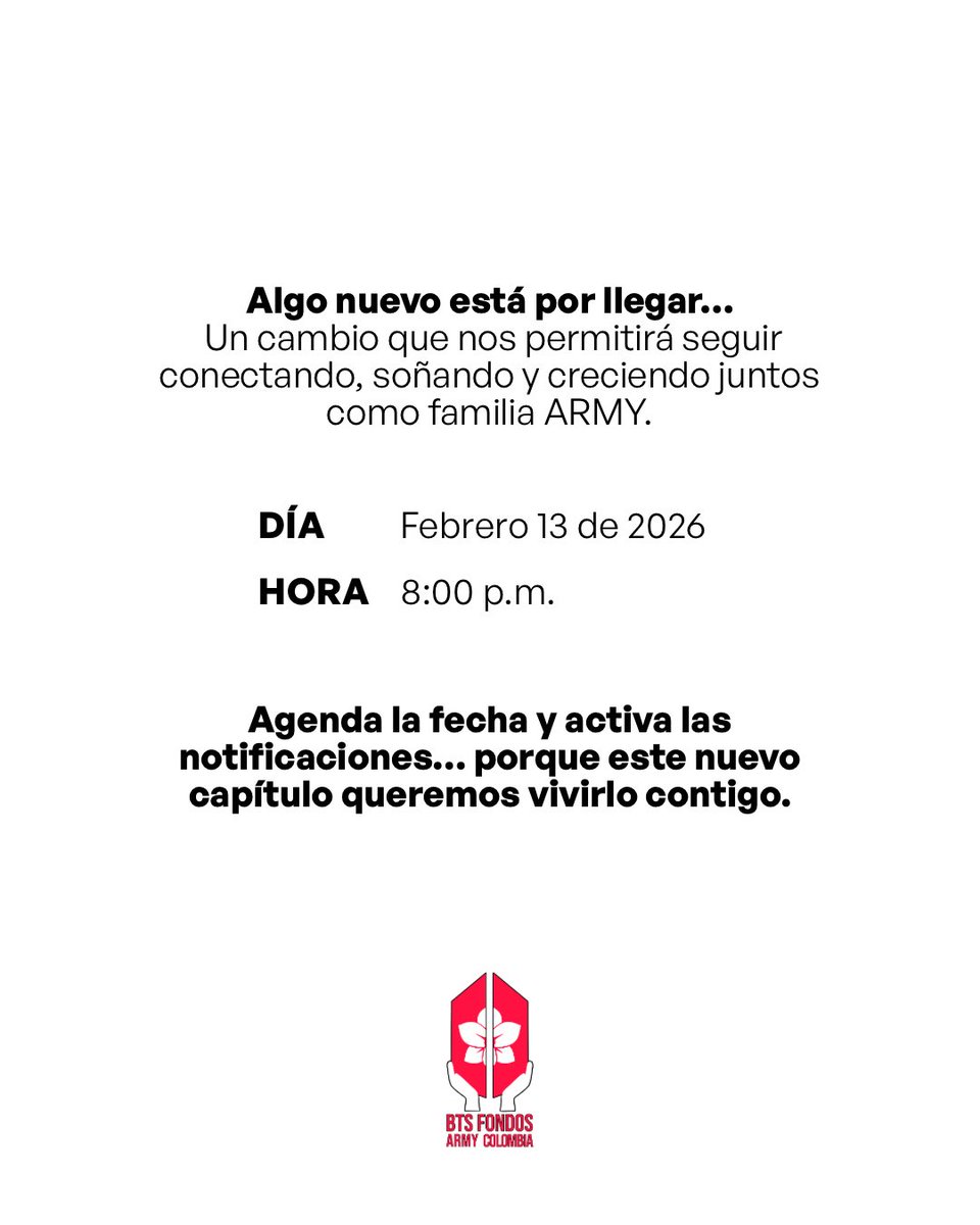 btsarmycol_'s tweet photo. Algo importante está por anunciarse…
Las historias evolucionan.
Las comunidades crecen.
⏳ 13 de febrero de 2026 | 8:00 p.m.
Marca la fecha.
Mantente atento/a. 👀✨🇨🇴
#MuyPronto #AlgoSeAcerca #ARMYColombia #CuentaRegresiva #NuevoCapítulo https://t.co/QljxJD63H4