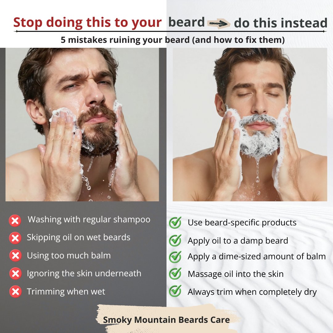 Stop ruining your beard.
5 mistakes you're making:
❌Regular shampoo (use beard wash/soap)
❌Oil on dry beard (apply when damp)
❌Too much balm (dime-sized only)
❌Ignoring skin (oil it first)
❌Trimming wet (wait till dry)

Fix these this week 👇
bit.ly/smokymountainb…