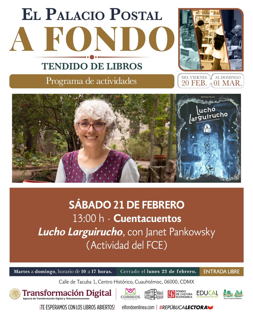 ✨ Disfruta de "Lucho Larguirucho" de la mano de <a href="/JPankowsky/">Janet Pankowsky</a> este 21 de febrero en el #TendidoDeLibros 
🕑 13h
📍Calle de Tacuba 1, Centro Histórico, Cuauhtémoc, 06000, CDMX
¡Nos vemos! 👋📚