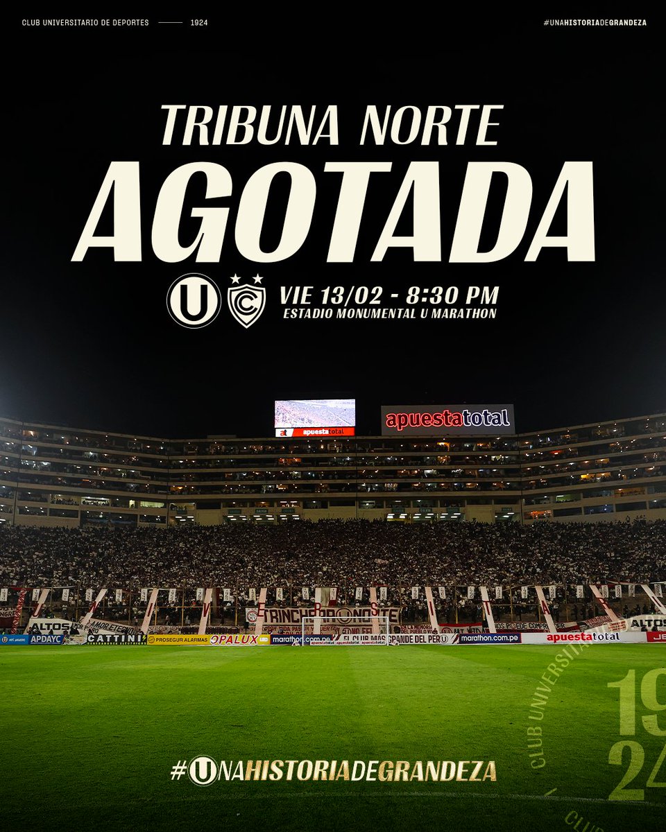 𝗙𝗜𝗘𝗦𝗧𝗔 𝗔𝗦𝗘𝗚Ⓤ𝗥𝗔𝗗𝗔 𝗘𝗡 𝗡𝗢𝗥𝗧𝗘 🥁🔥

Agotamos todas las entradas a la tribuna norte para nuestro partido ante Cienciano del próximo viernes. 

🎟️ Adquiere tus entradas aquí ▶️ bit.ly/4ag0pay 

#UnaHistoriaDeGrandeza