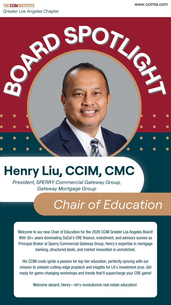 Board Spotlight ✨
Welcome Henry Liu, CCIM, CMC as the 2026 Chair of Education for <a href="/CCIMLA/">CCIM Greater Los Angeles Chapter</a>! With 30+ years in CRE finance and investment, we’re excited for what’s ahead in education and innovation. 🚀