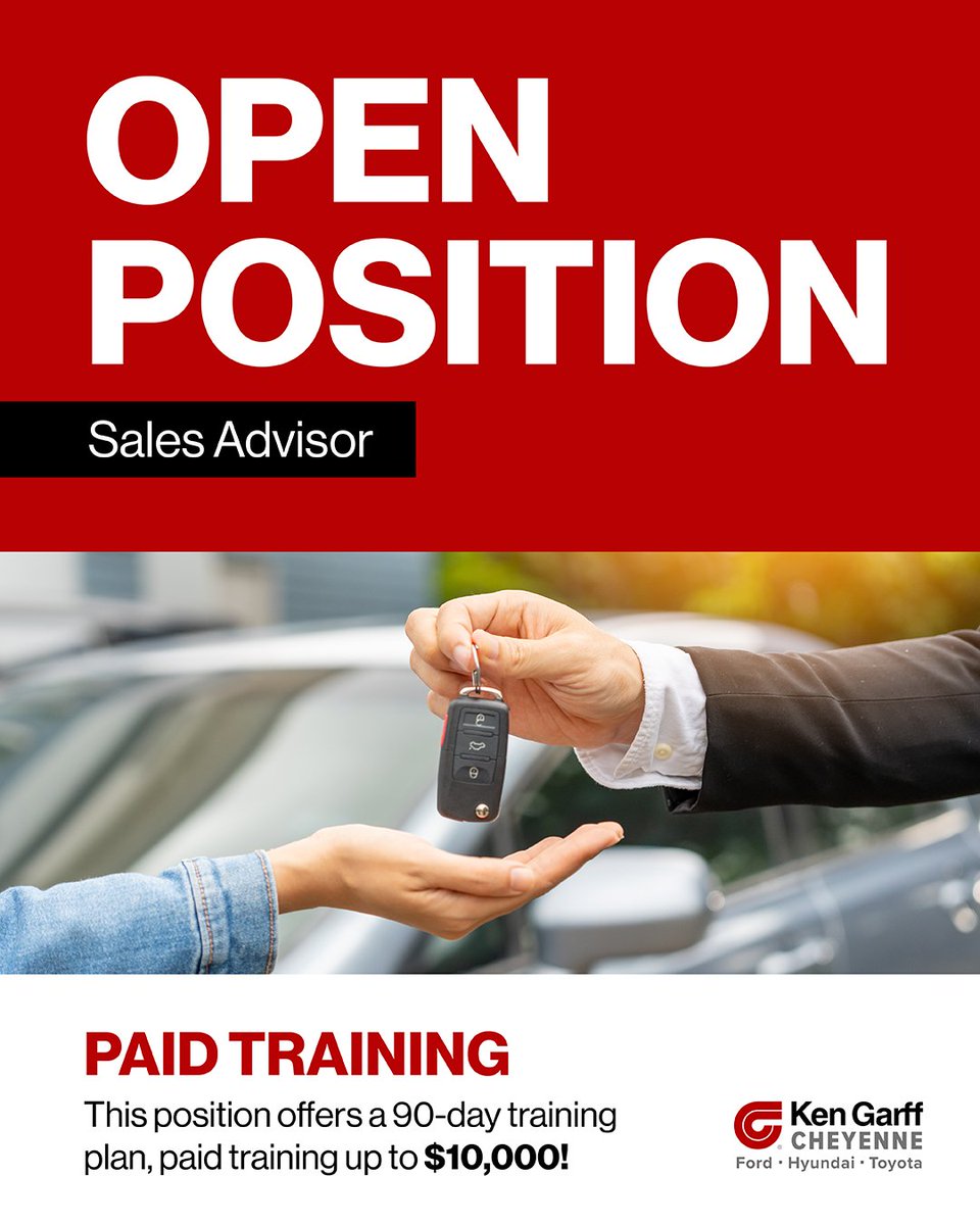 KG_Cheyenne's tweet photo. We are hiring Sales Advisors at Ken Garff Cheyenne! No experience required - we will train you!

➡Paid training
➡Flexible work schedule
➡Competitive compensation package
➡401(k) with company match

Click here to view the position and apply online! https://t.co/RiThUgBQE8 https://t.co/6j4d45gwXf
