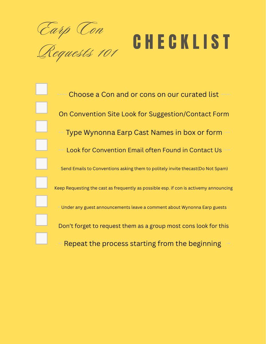 🤠💙 Earpers!!
Want more #WynonnaEarp cast &amp; Emily at cons near you?!
Use this checklist 👇🏻check the con list below👇🏻, request them at your local cons, and share the love!
Let’s make some noise and show the demand 🔥
docs.google.com/spreadsheets/d…
#WynonnaEarp #EarpConRequests101