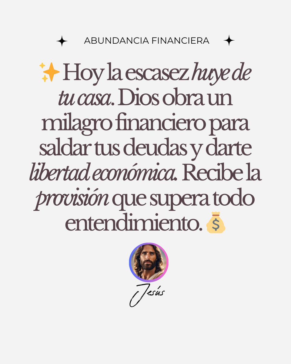 Tu situación financiera está a punto de cambiar porque el Dueño del oro y la plata tiene el control. Como dice Filipenses 4:19: "Mi Dios, pues, suplirá todo lo que os falta conforme a sus riquezas en gloria en Cristo Jesús". ¡Amén! 🙌

#JesusHijoDeDios #Abundancia #Milagro